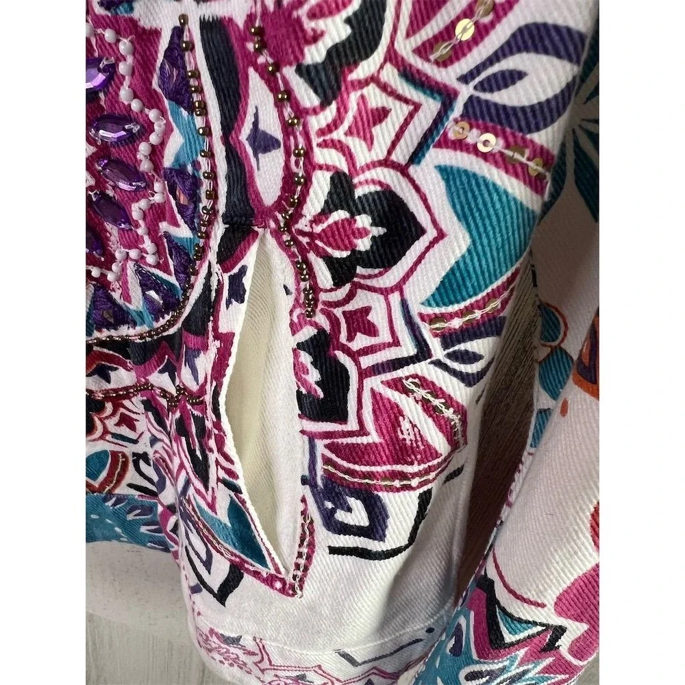Boston Proper Womens White Mandala Embellished Denim Jacket Size S Boho Beaded - Picture 11 of 16